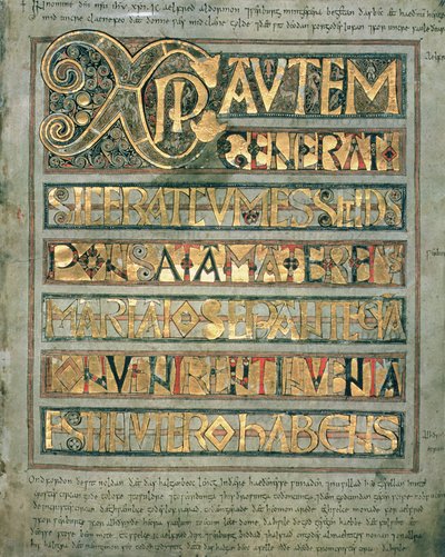 Ms A 135 f.11r Texte illuminé, page initiale `Xpi à Saint Matthieu, du Codex Aureus de Stockholm, vers 750 - English School